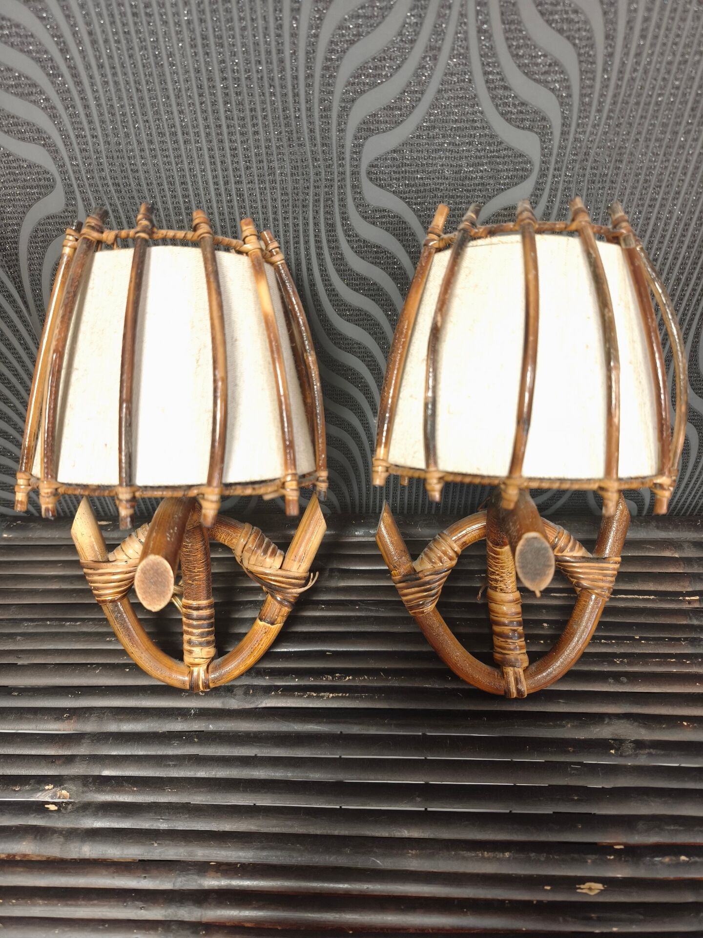 Pair of wall sconces in rattan