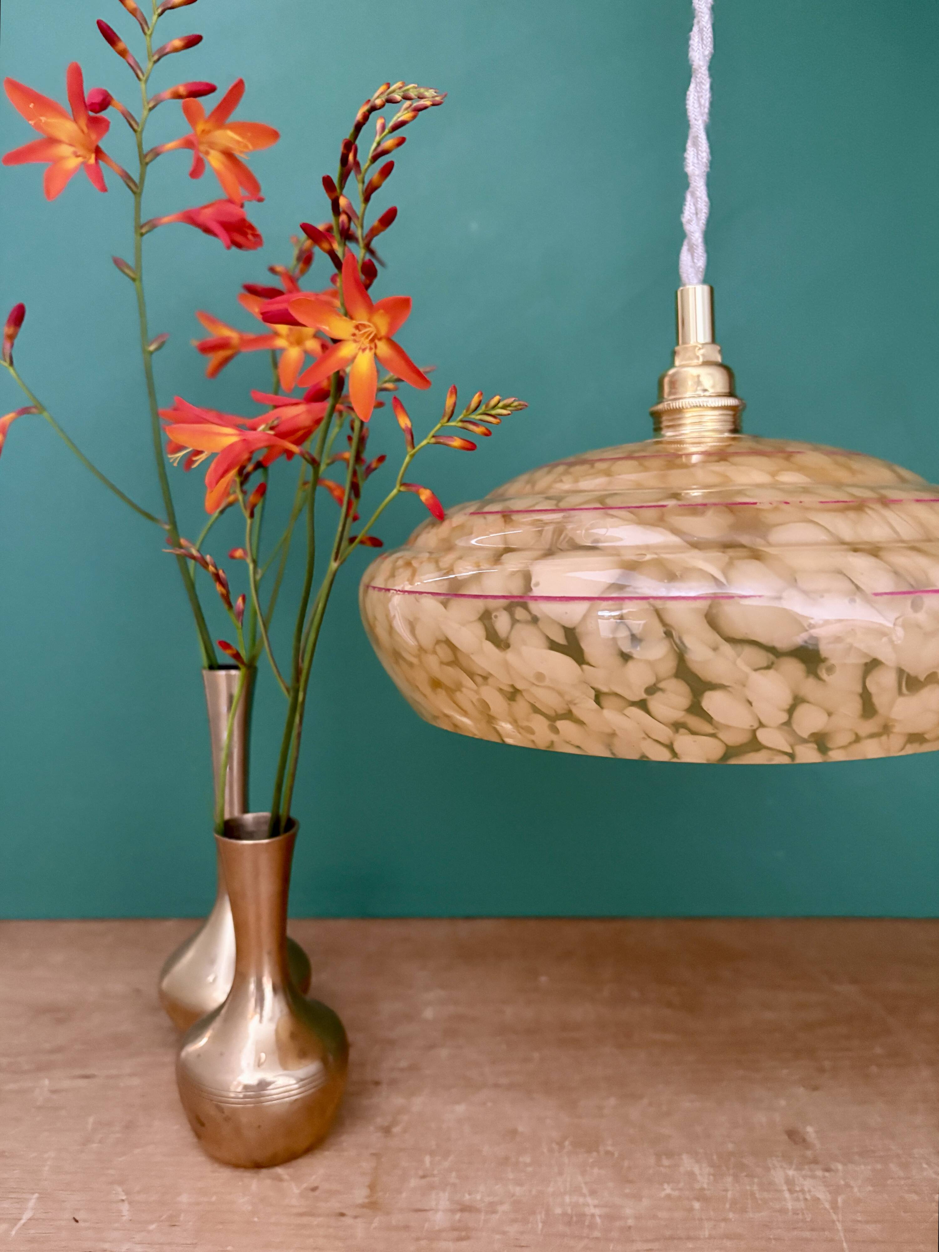 Vintage pendant lamp shade in yellow Clichy glass with red trim