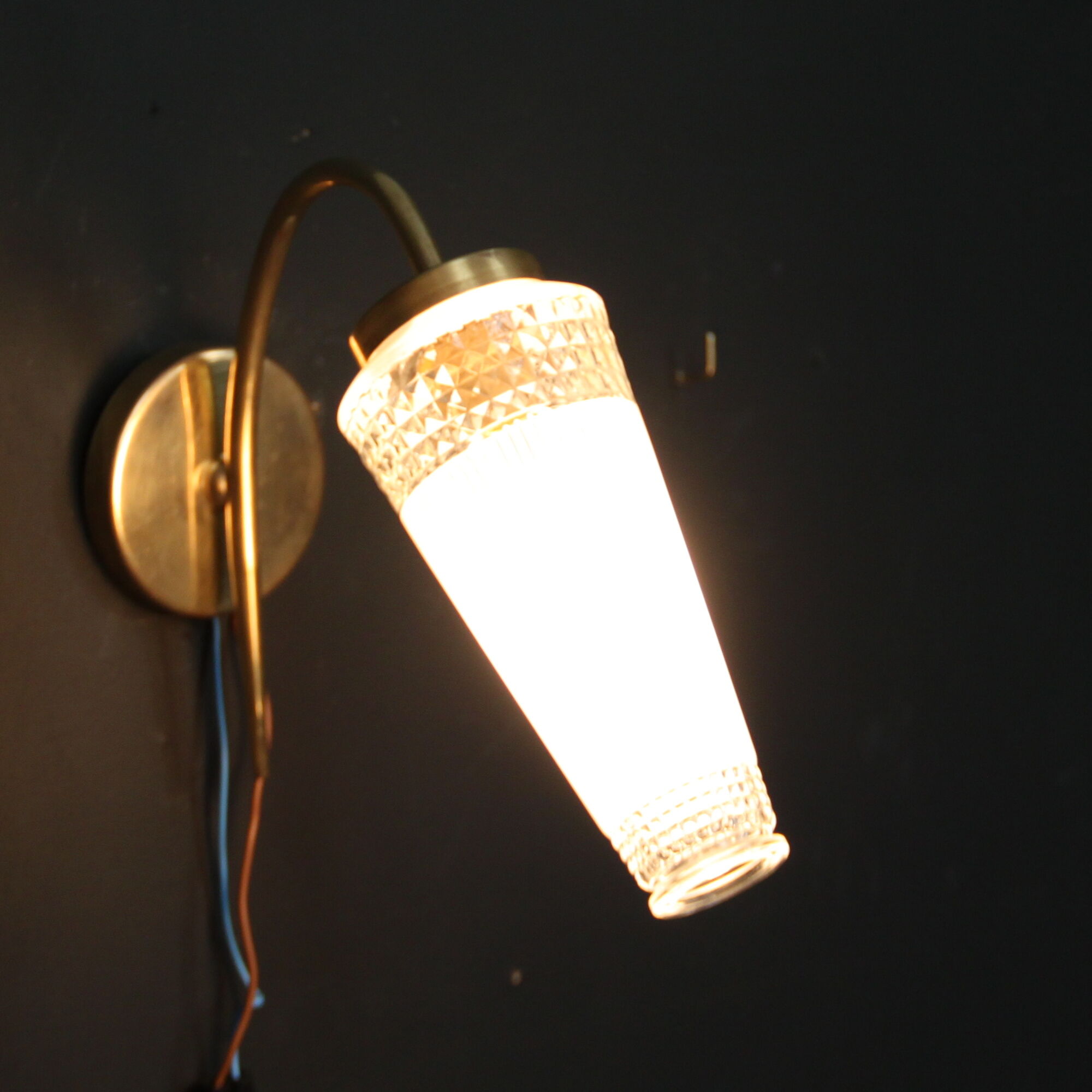 Pair of glass and brass wall lamps, vintage, circa 1960