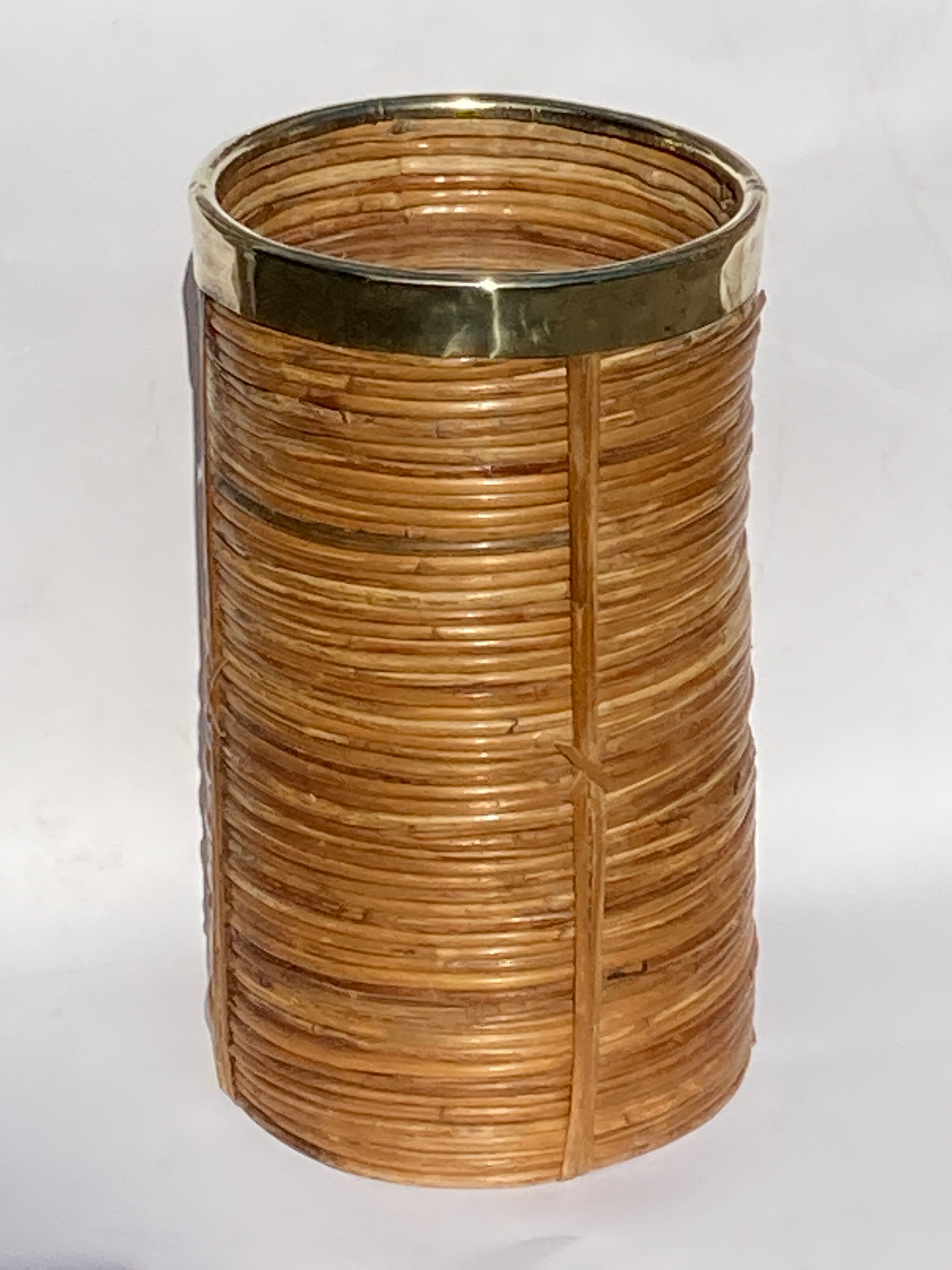 Midcentury rattan wicker and brass umbrella stand or basket