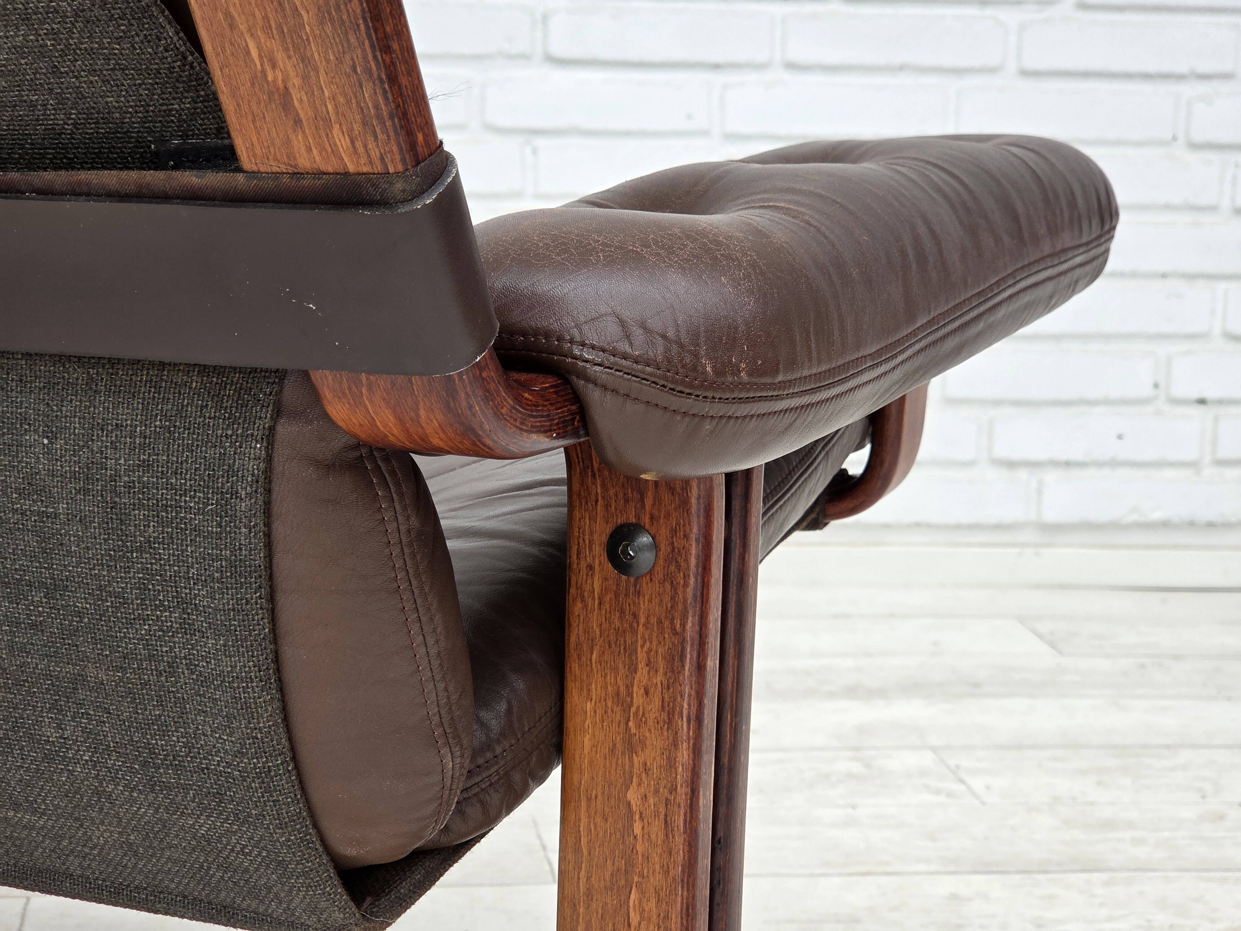 1970s, Norwegian armchair by Jon Hjortdal, furniture leather, bent wood.