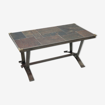 Coffee table in wrought iron and slate, 1950