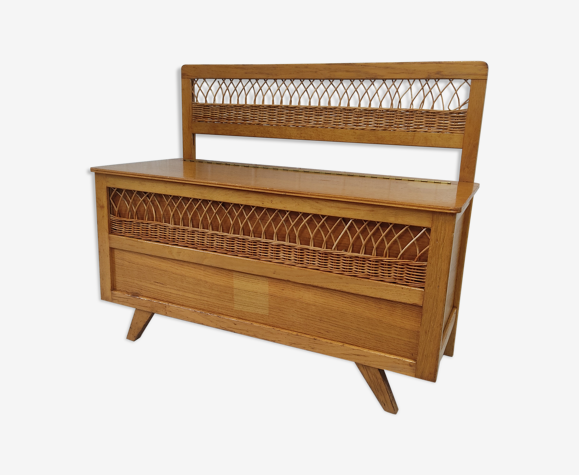 Banc coffre pieds compas et osier
