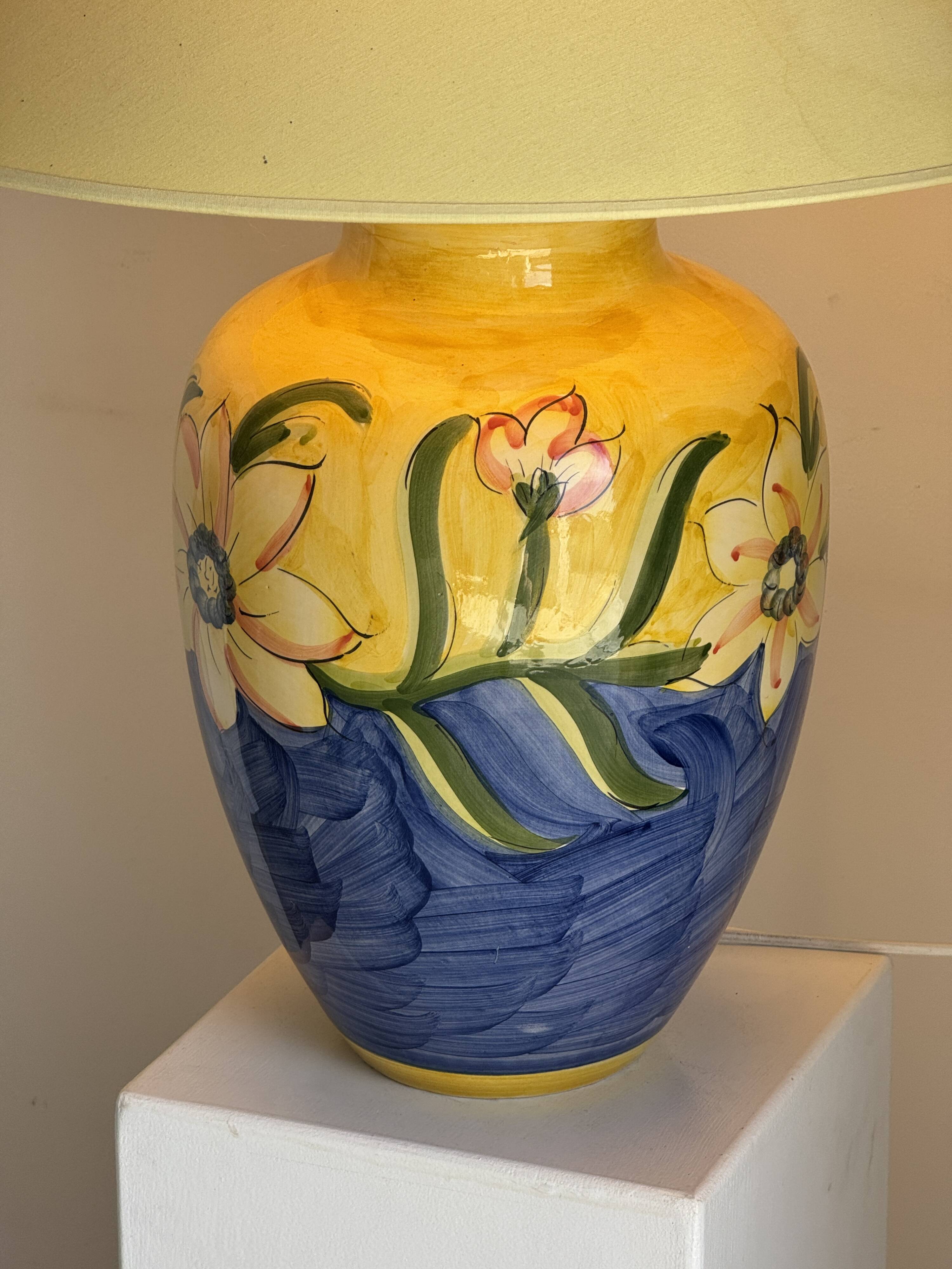 Large blue and yellow lamp with floral patterns H60