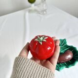 Vintage salt and pepper shaker colorful hand painted slip - Vegetables and leaf holder