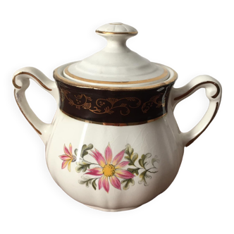Porcelain sugar bowl stamped L'Amandinoise, Clematis model