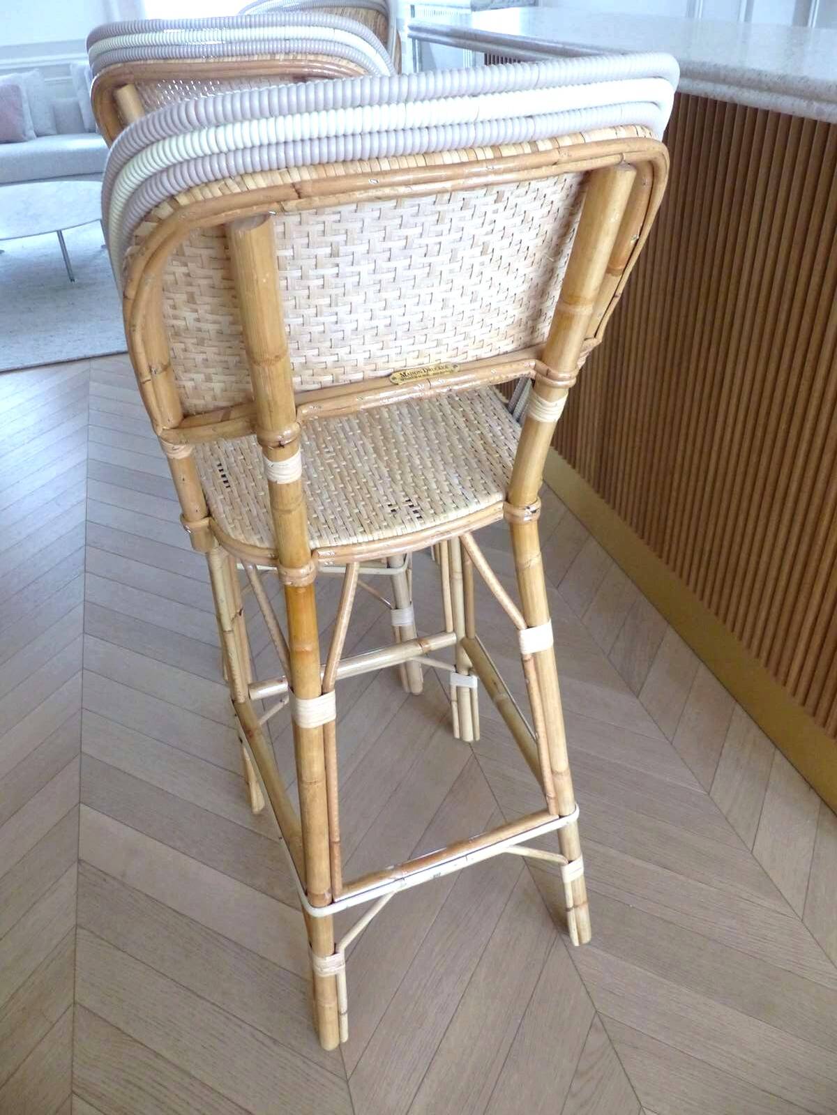 Lot of 3 Maison Louis Drucker light Manila rattan bistro high chairs.