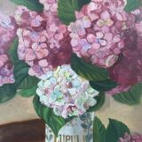 20th century still life watercolor bouquet of hydrangeas in a golden frame