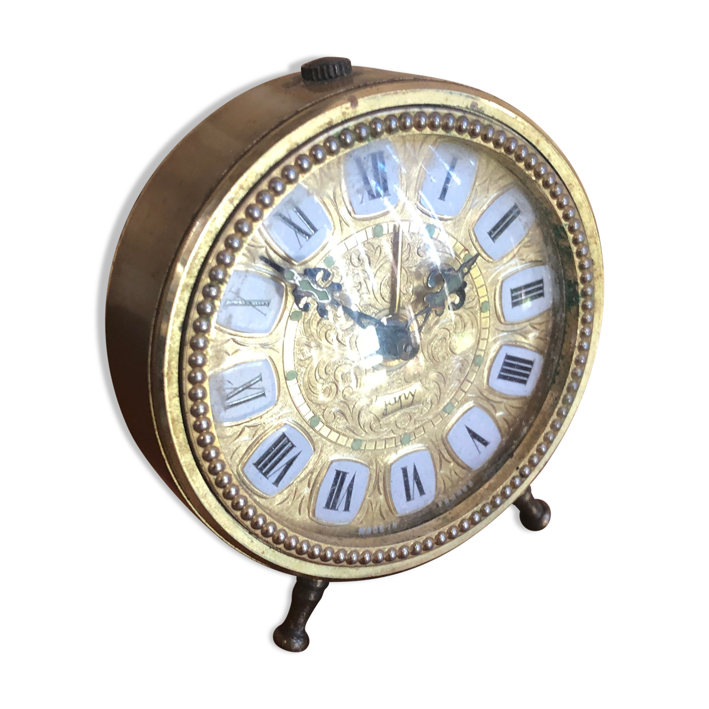 Ancien pendule réveil japy laiton en métal doré