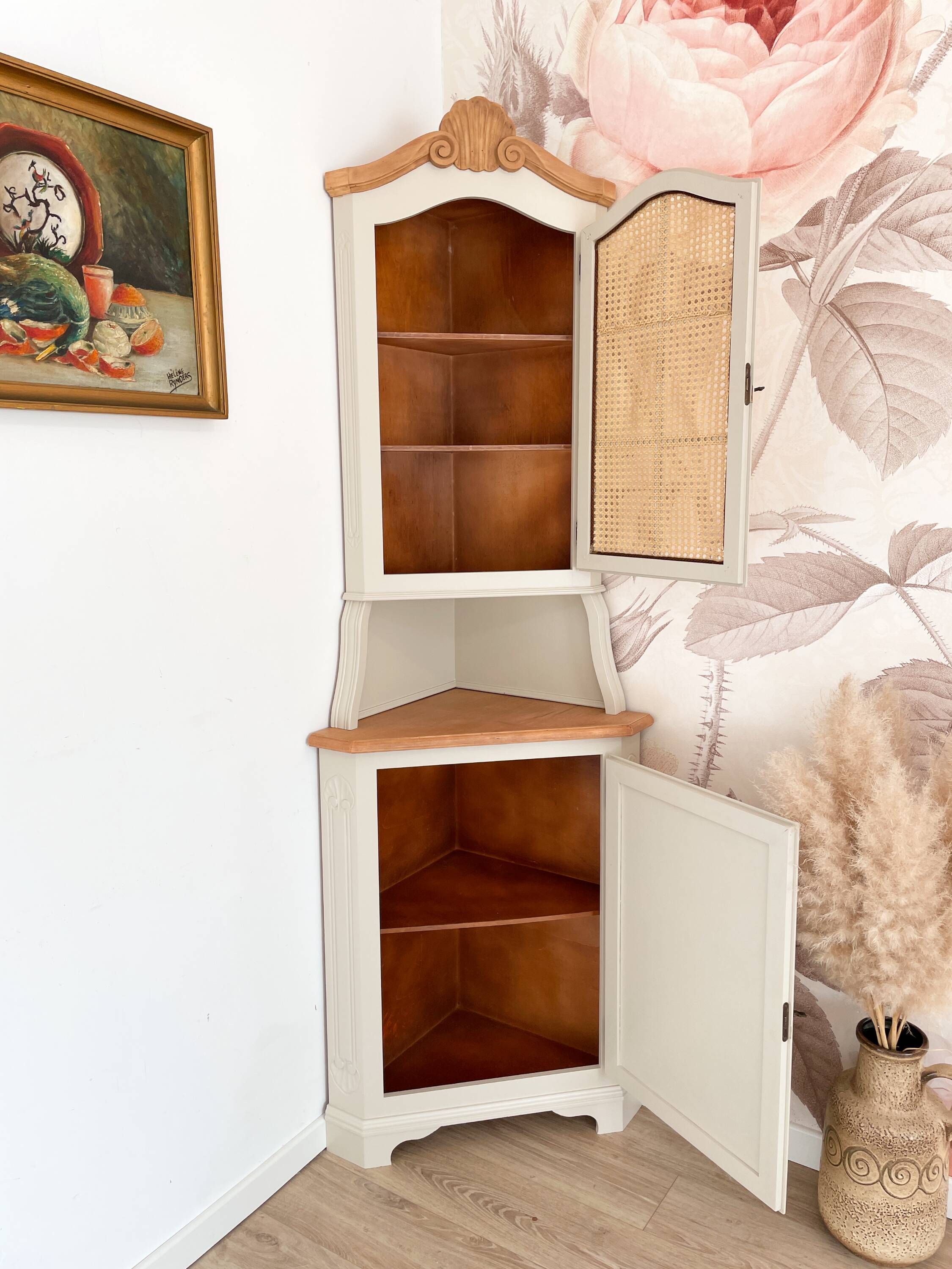 Corner unit in 2 parts, grey/beige and cane work.