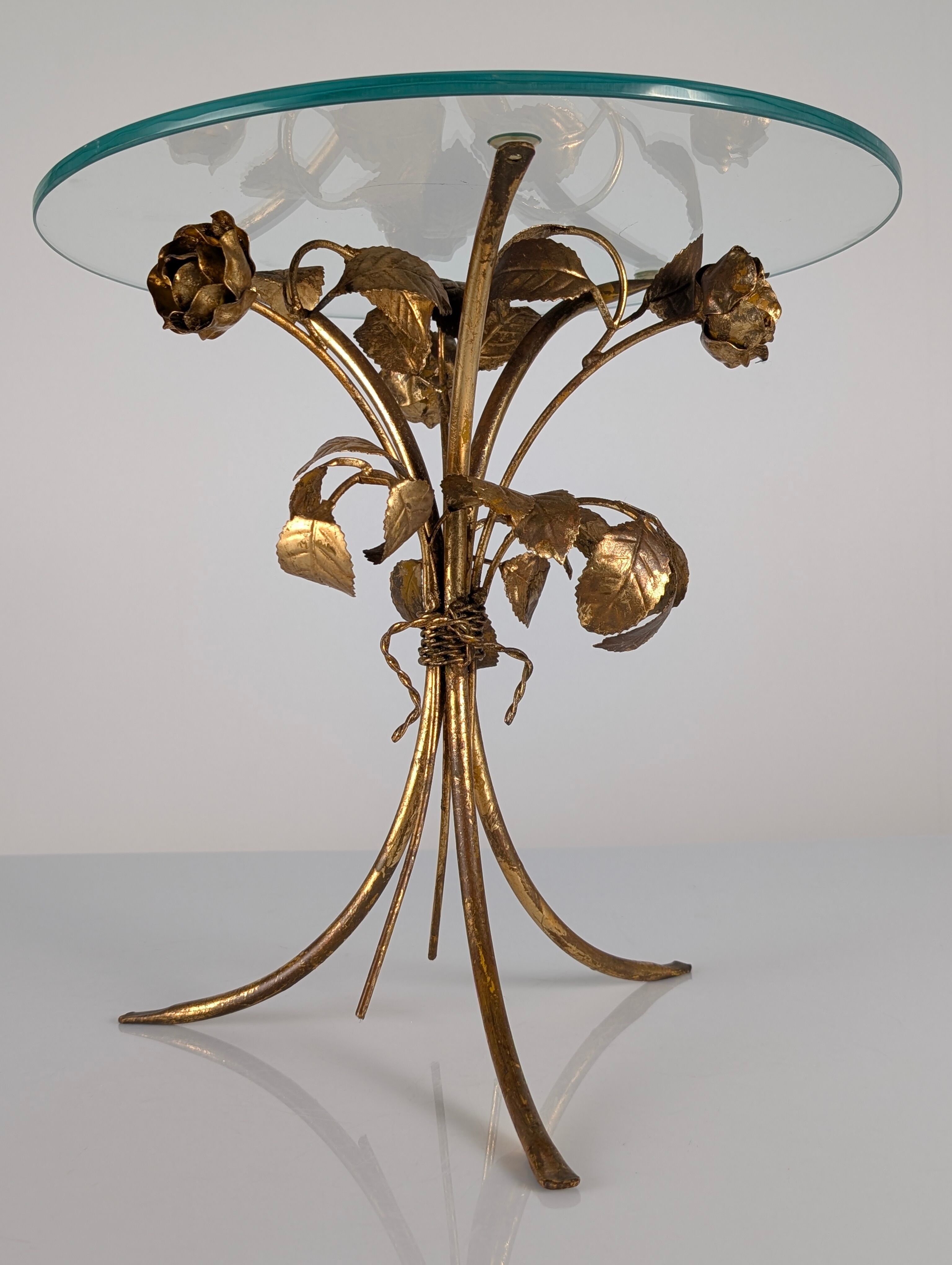 Mid-century side table in gilded metal with roses and glass top, 1970s