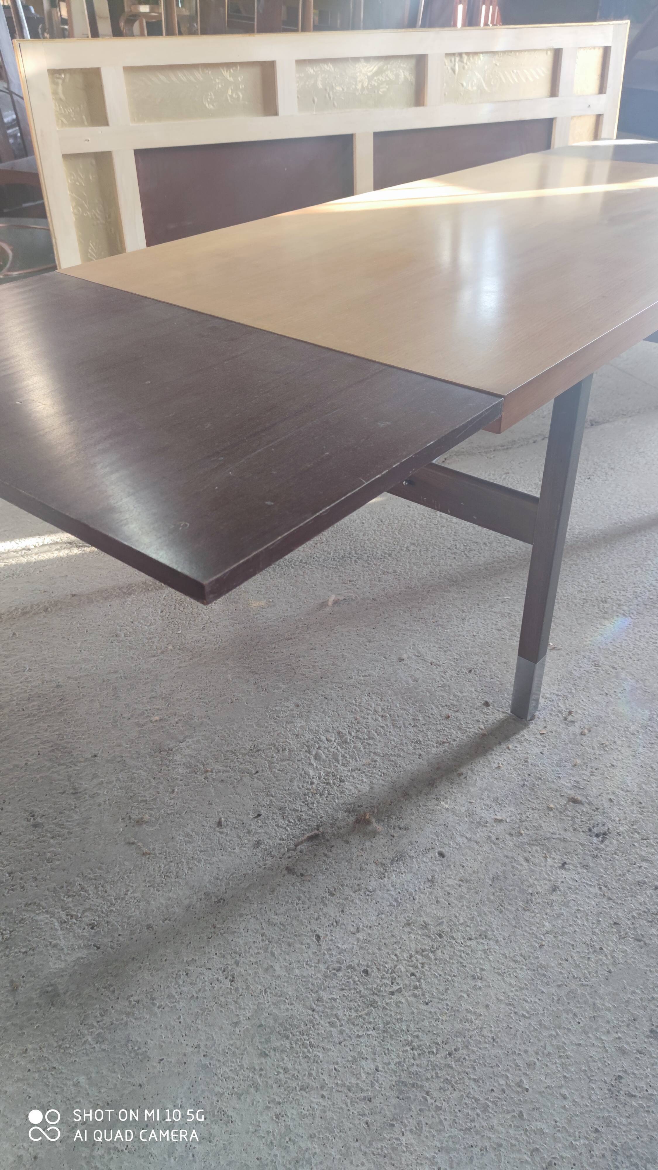 Extendable dining table in walnut, mahogany and chrome, circa 1960