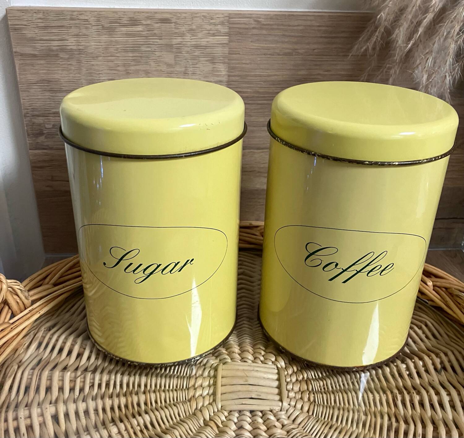 Vintage-Lot de 2 boîtes métalliques café/sucre jaunes