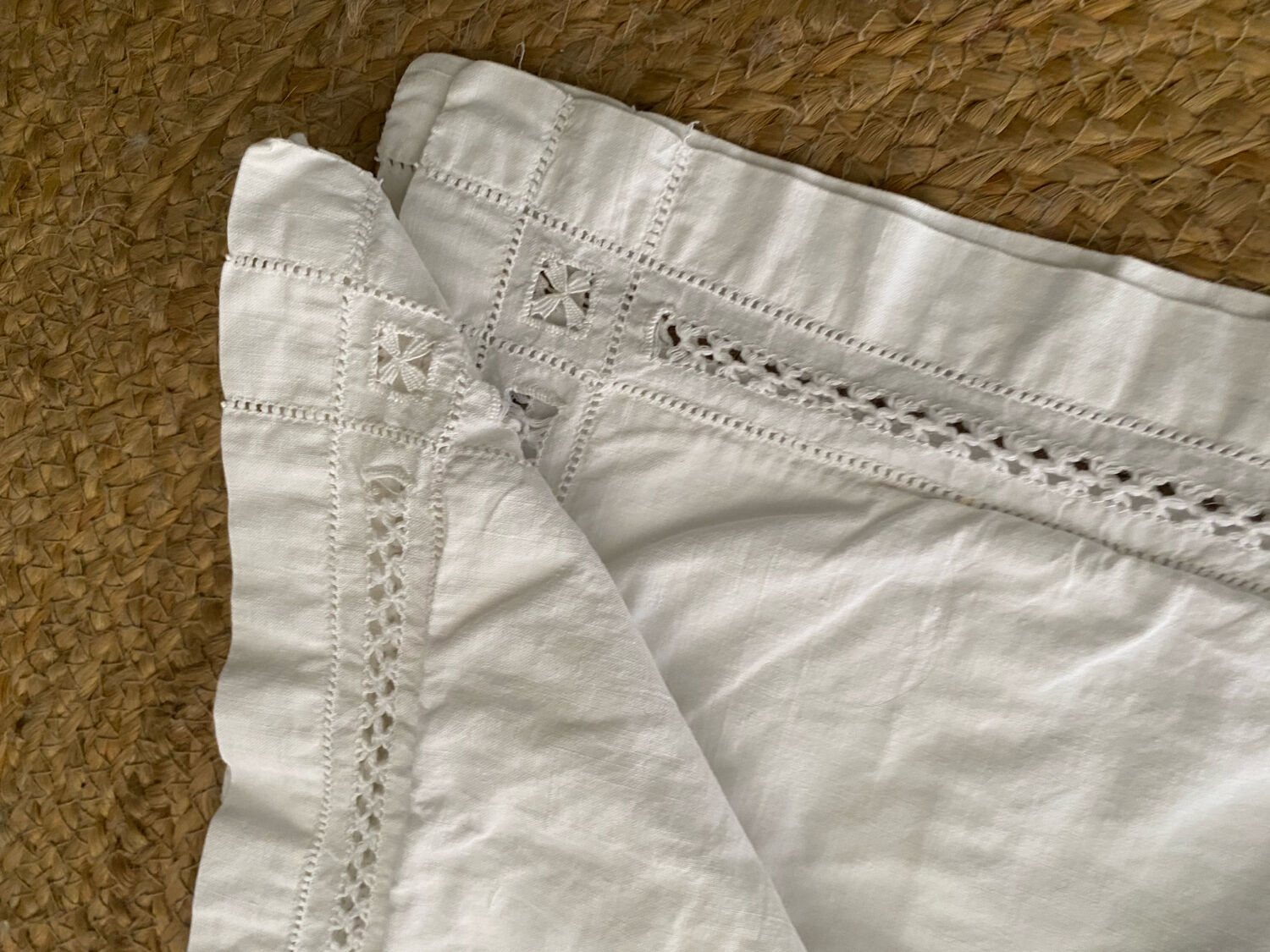 White cotton pillowcase with embroidery and monogram from the 1960s.