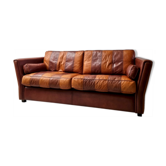 Canapé vintage rayé marron orange cuir (210 cm x 88 cm)