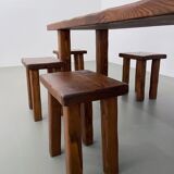 Solid elm dining set including 6 stools France 1970s