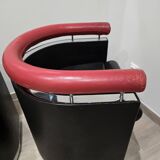 Pair of 80s designer leather and chrome metal armchairs