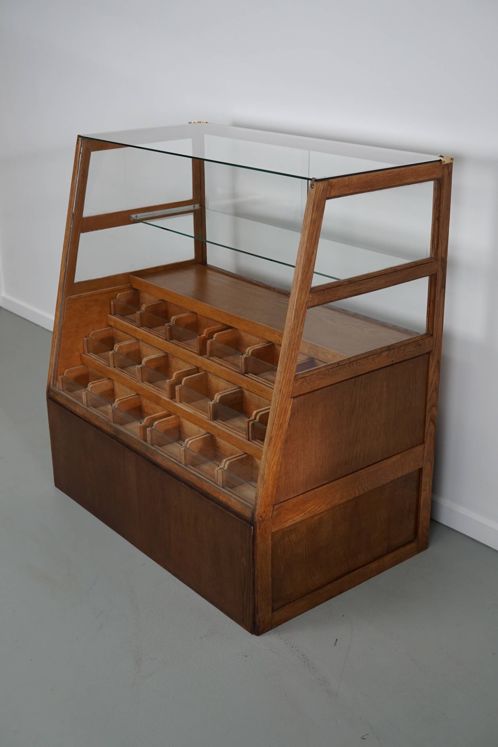 Antique Spanish beech & oak haberdashery cabinet or shop counter, 1950s