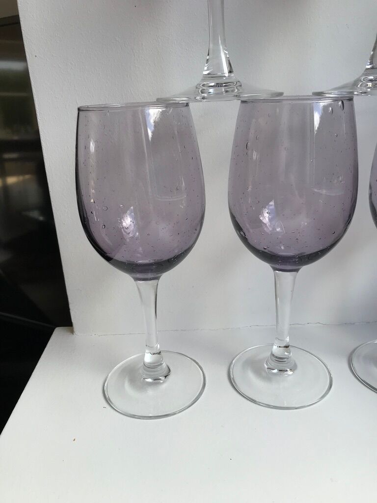 set of 5 wine glasses in purple bubble glass 70s