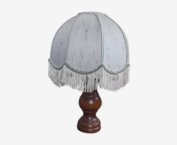 Lampe de chevet pied bois tourné et abat jour dôme, seventies