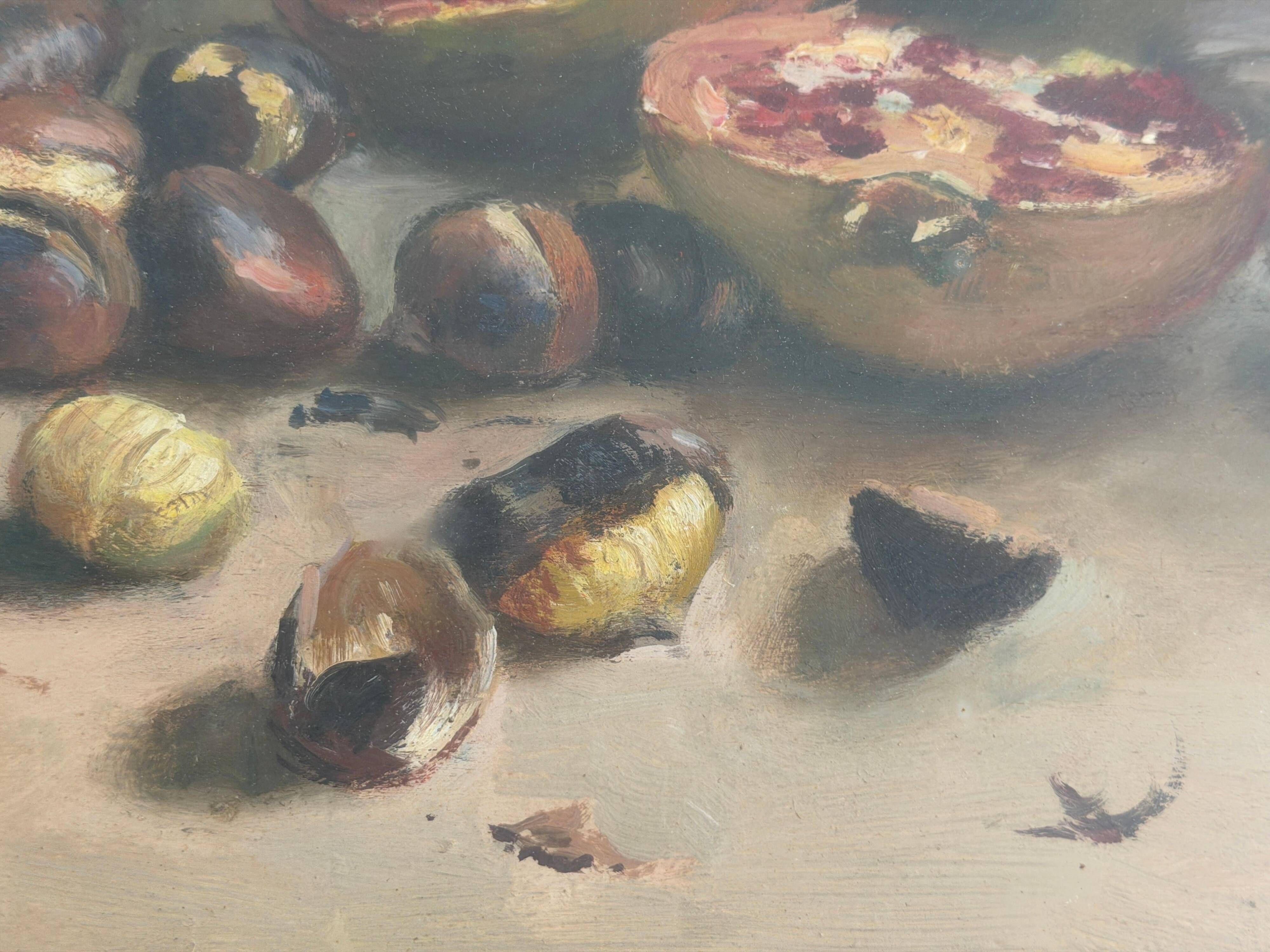 Still life with pomegranates and walnuts Oil painting on canvas signed, 1967, Italy