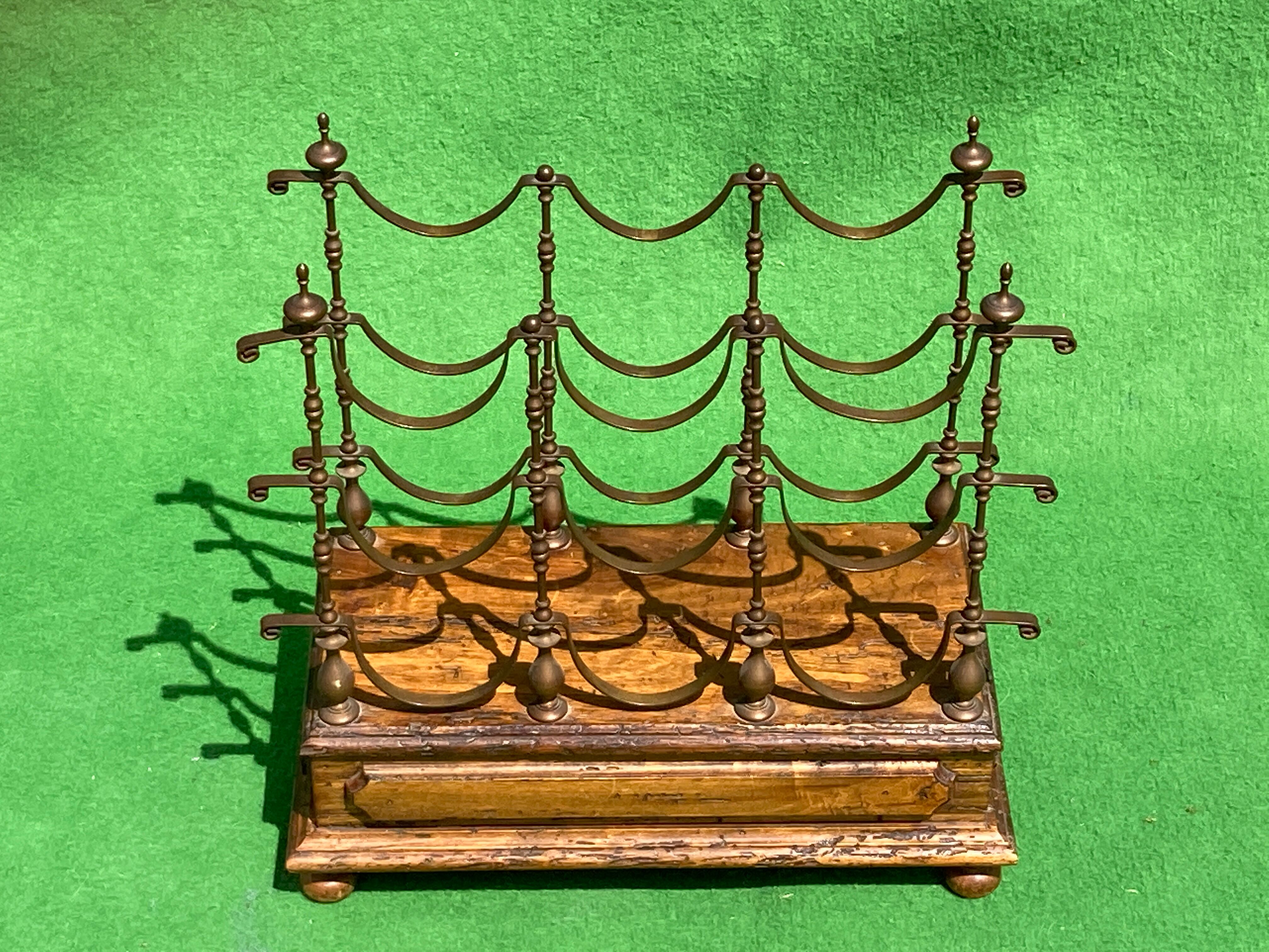 1950s Italian brass and wood wine rack with drawer