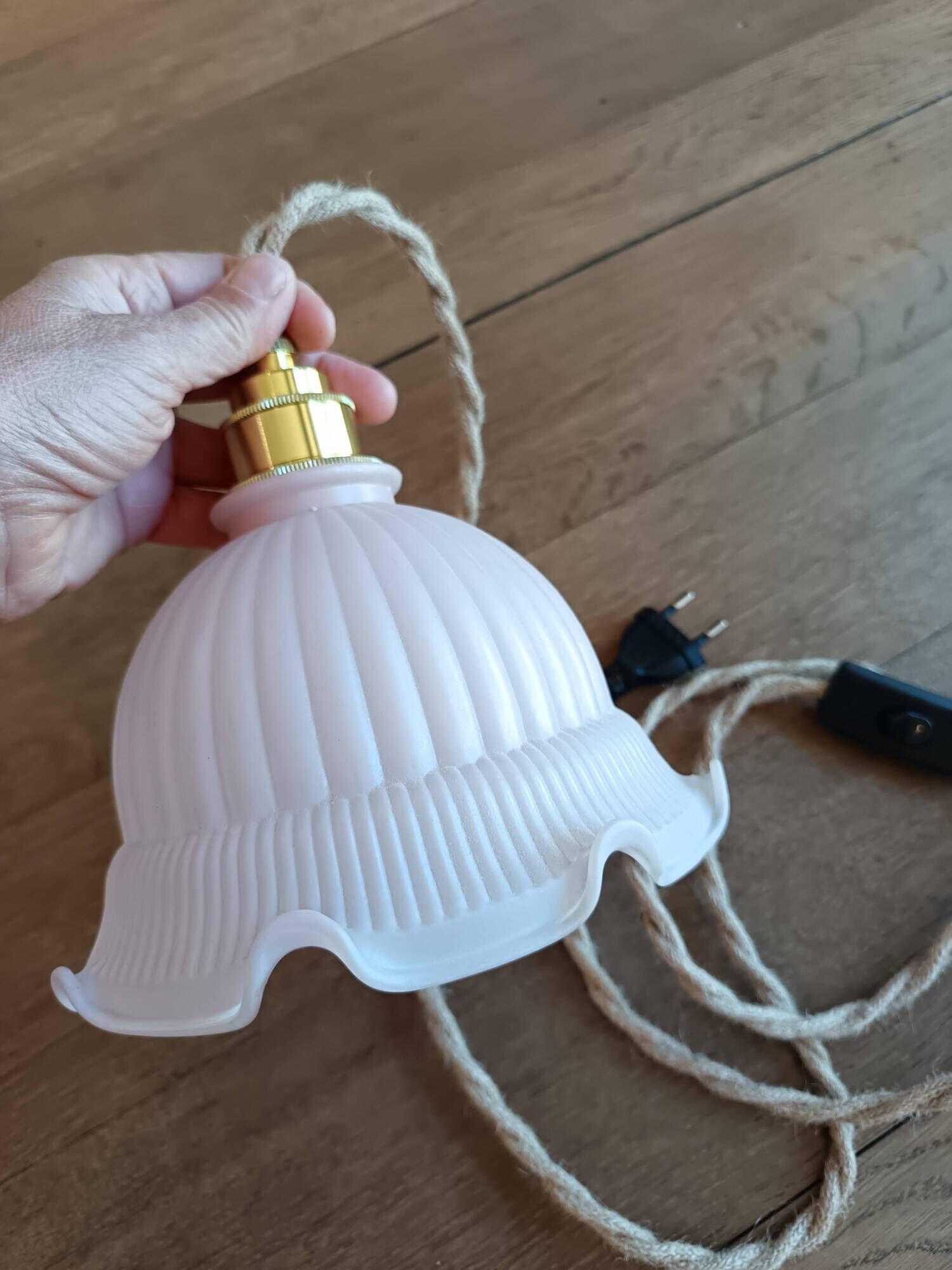 Pale pink vintage glass lamp, gold socket