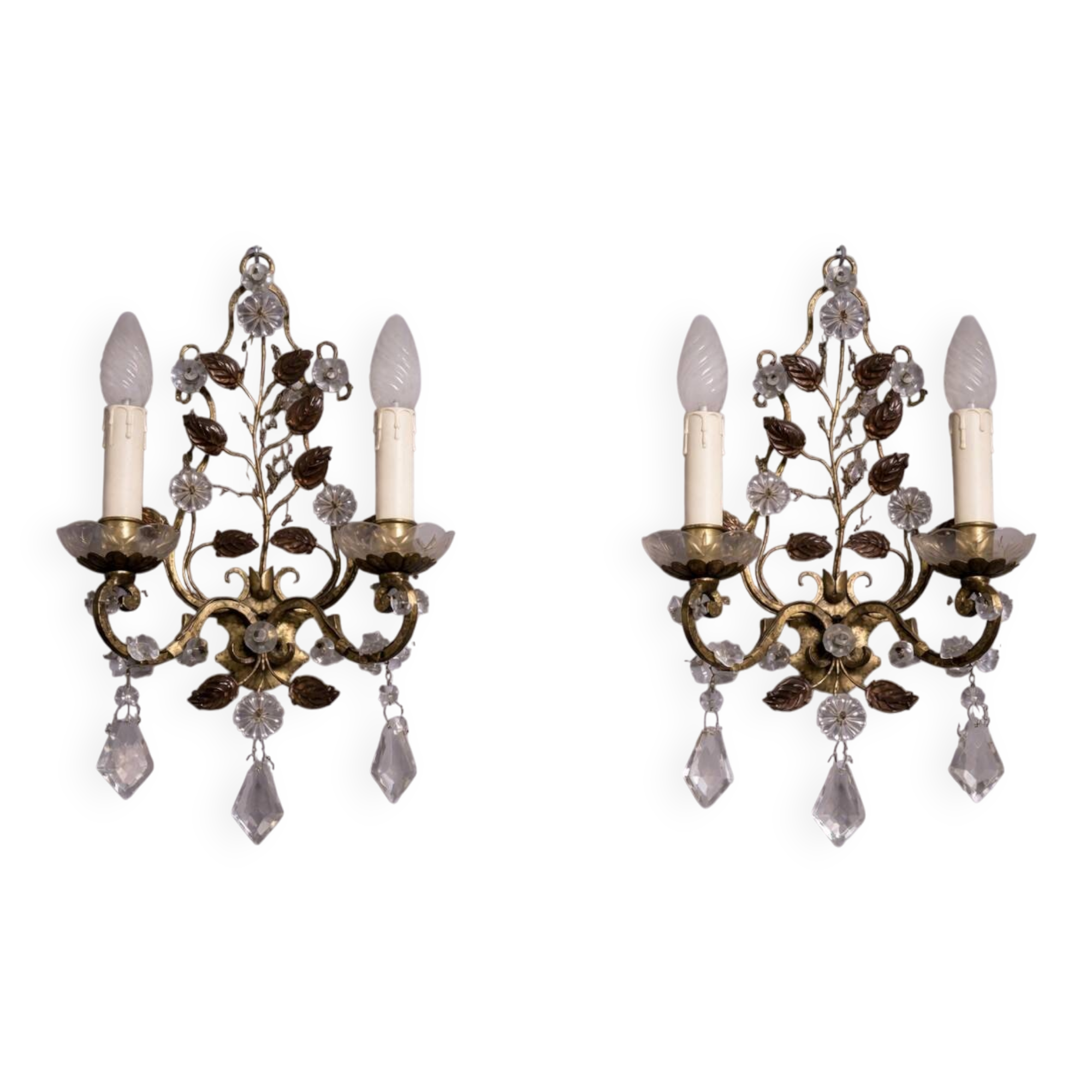 Murano: pair of wall sconces with two light arms, in bronze and gilded brass.