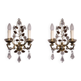 Murano: pair of wall sconces with two light arms, in bronze and gilded brass.