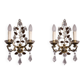 Murano: pair of wall sconces with two light arms, in bronze and gilded brass.