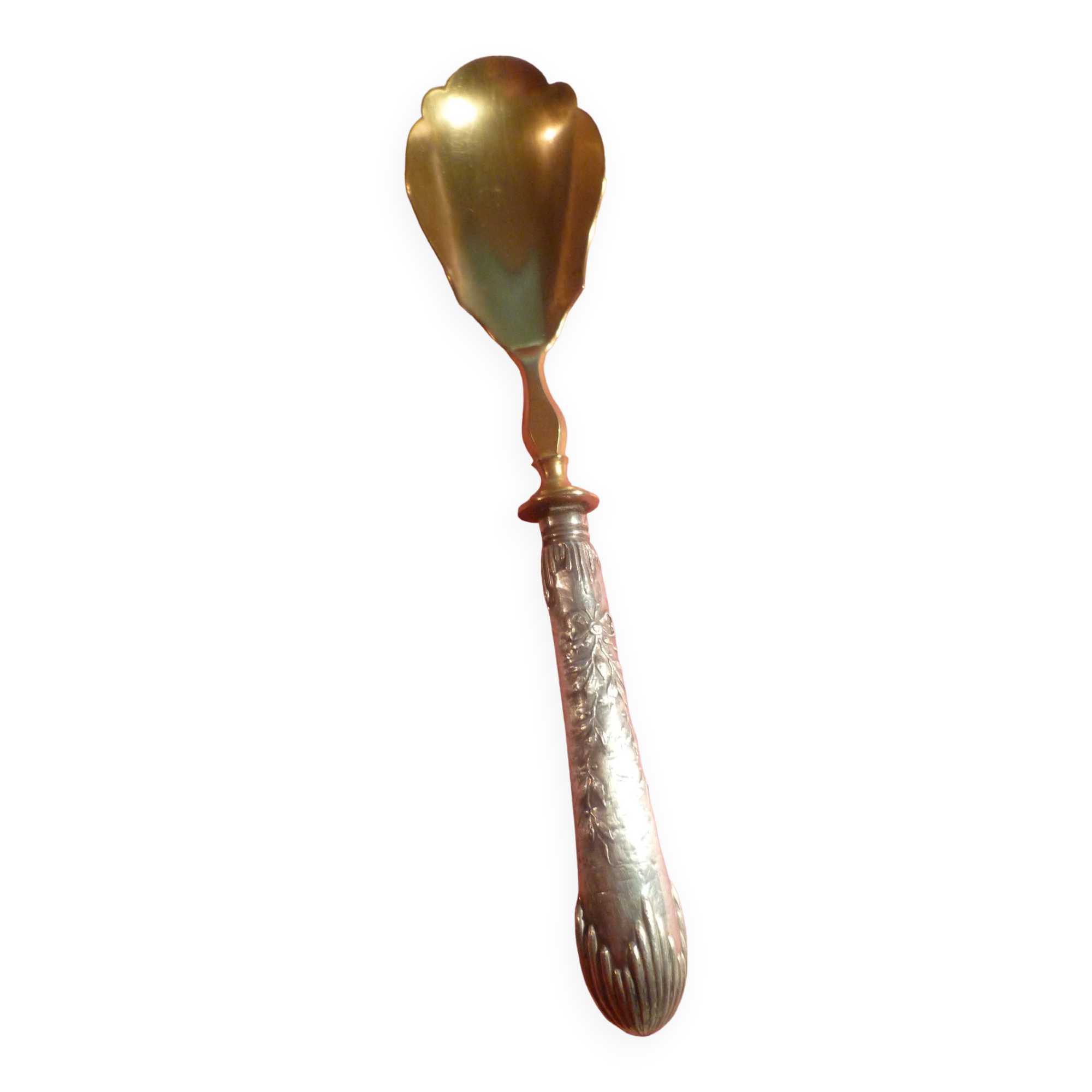SILVER DESSERT SPOON, hallmarked ? chiseling on the spoon
