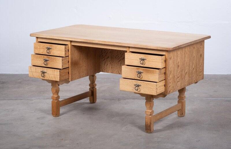 Brutalist Oak Desk by Henning Kjærnulf, Denmark, 1960s