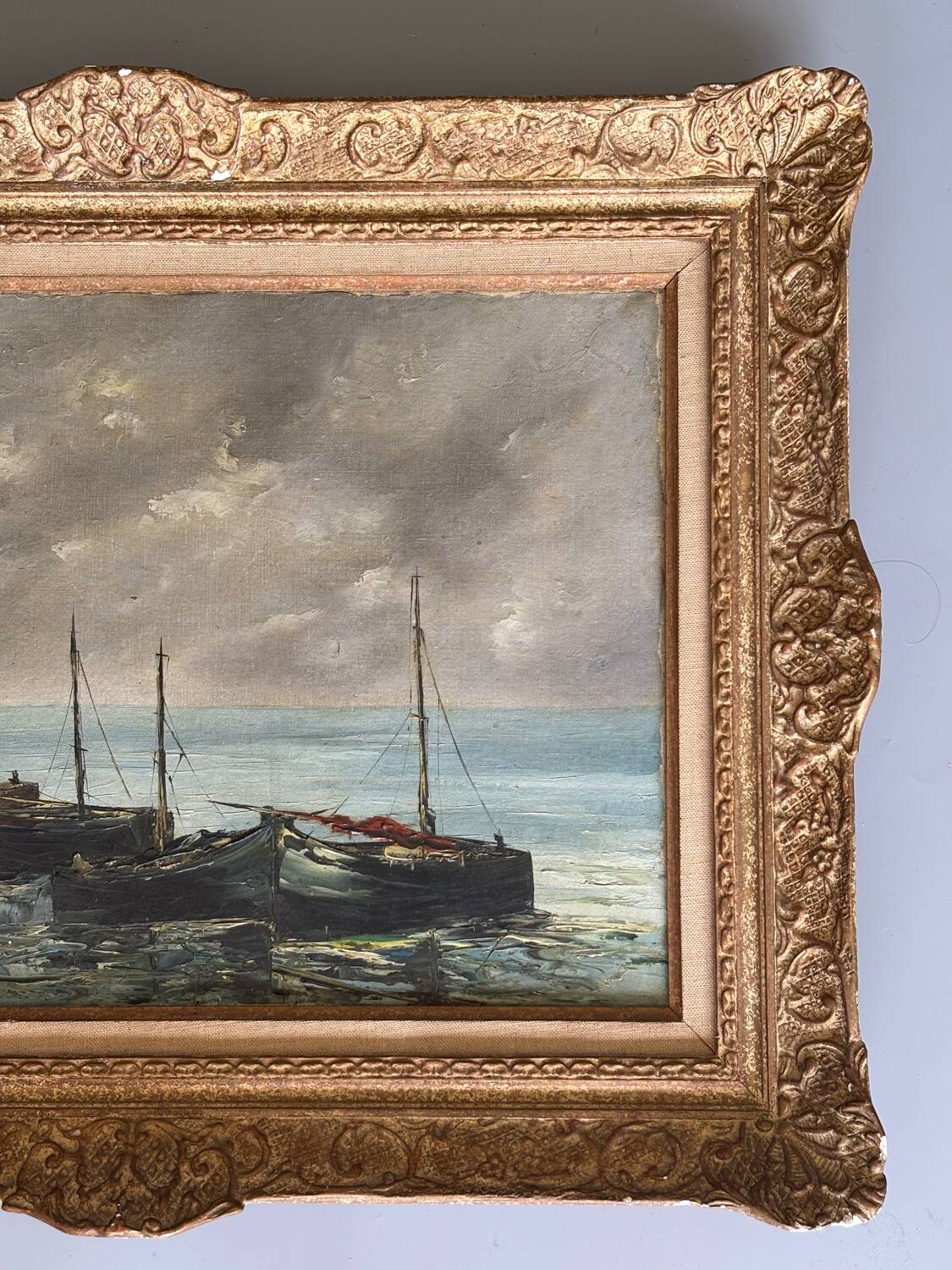 Oil on canvas - boats in the harbour, signed 1964