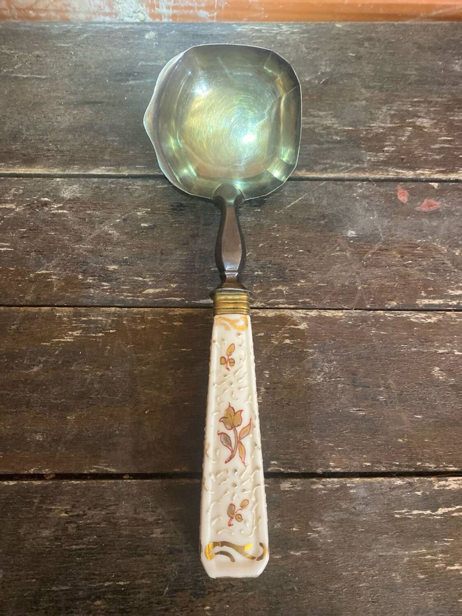 Old Silver-Plated Metal Serving Spoon + Porcelain Handle