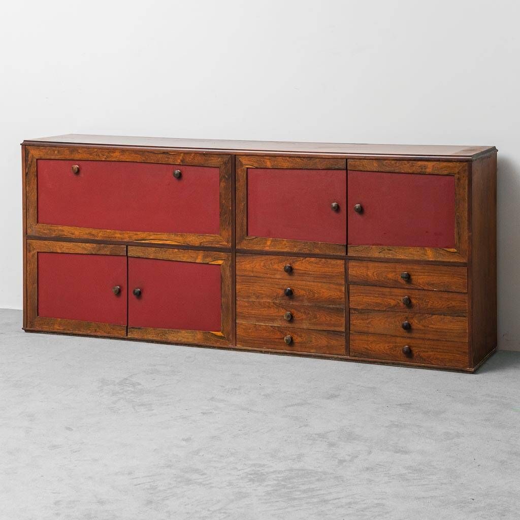 Scandinavian sideboard in dark red wood and leather, 1960s vintage modernism