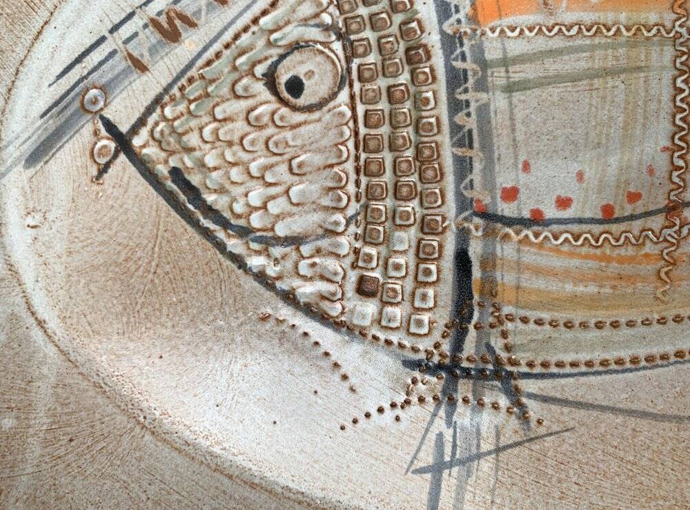 Large German ceramic plate with fish from the mid-century.