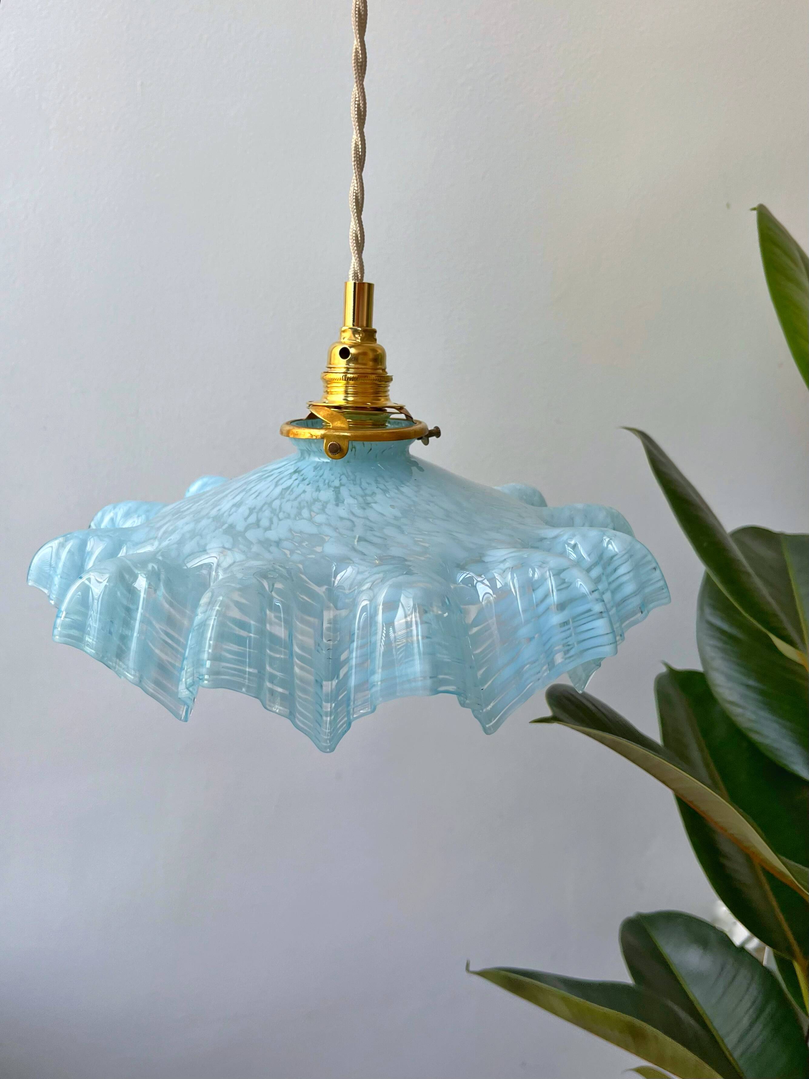 Large serrated blue Clichy glass pendant light