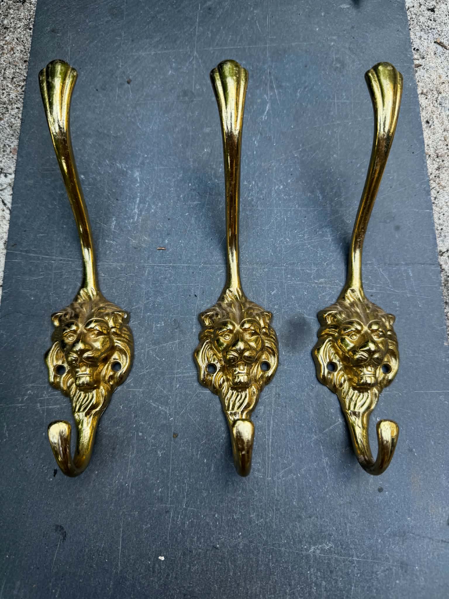 3 lion coat hooks in brass Art Nouveau