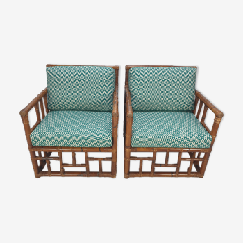 Pair of italian bamboo lounge chairs with hermès upholstery, 1970's