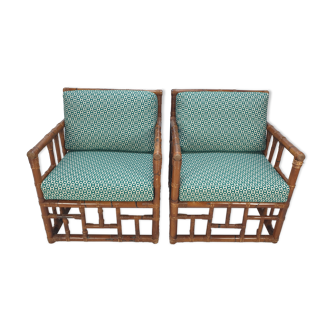 Pair of italian bamboo lounge chairs with hermès upholstery, 1970's