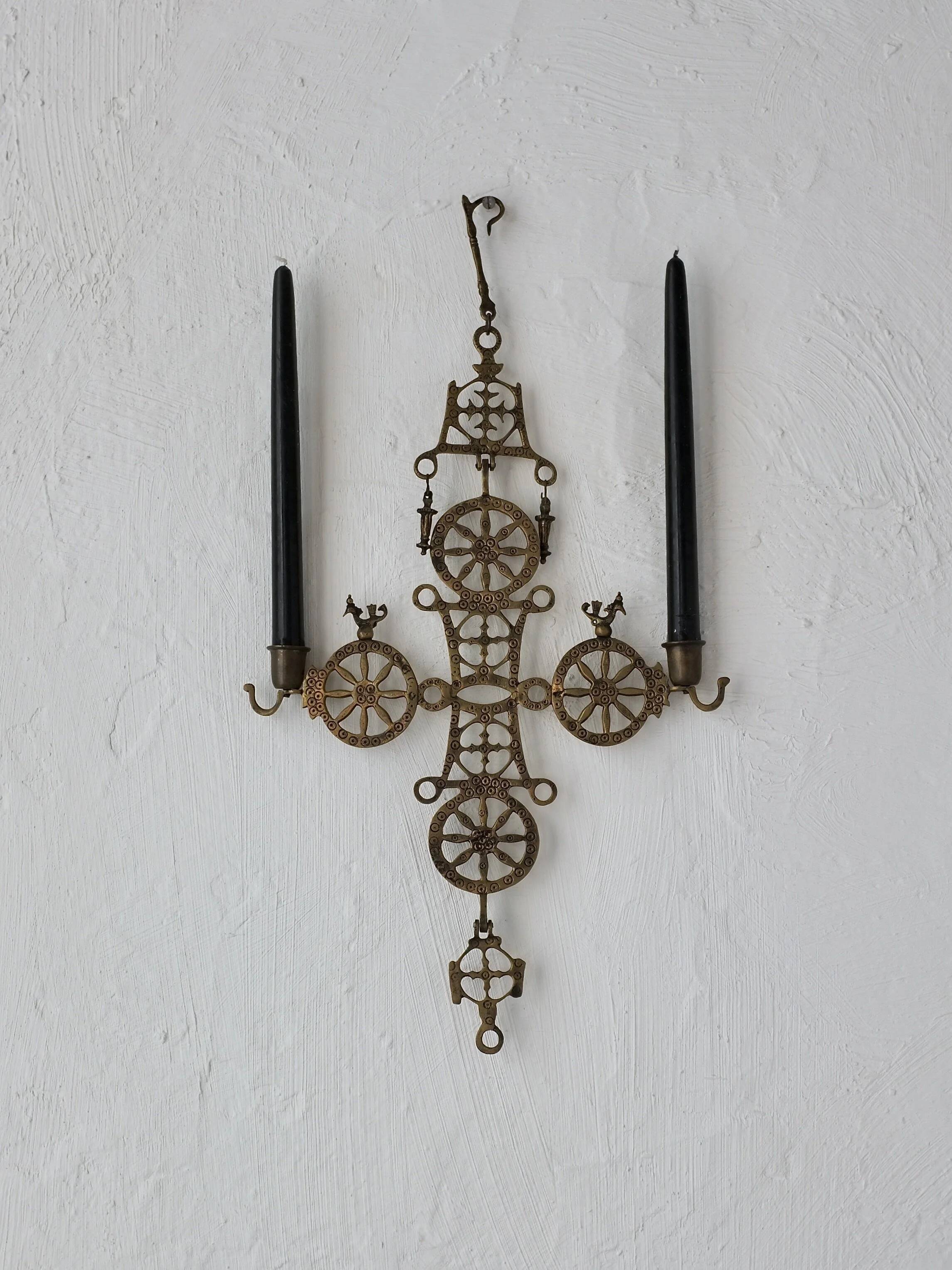 Arts & Crafts brass cross hanging candle holder | 1920s