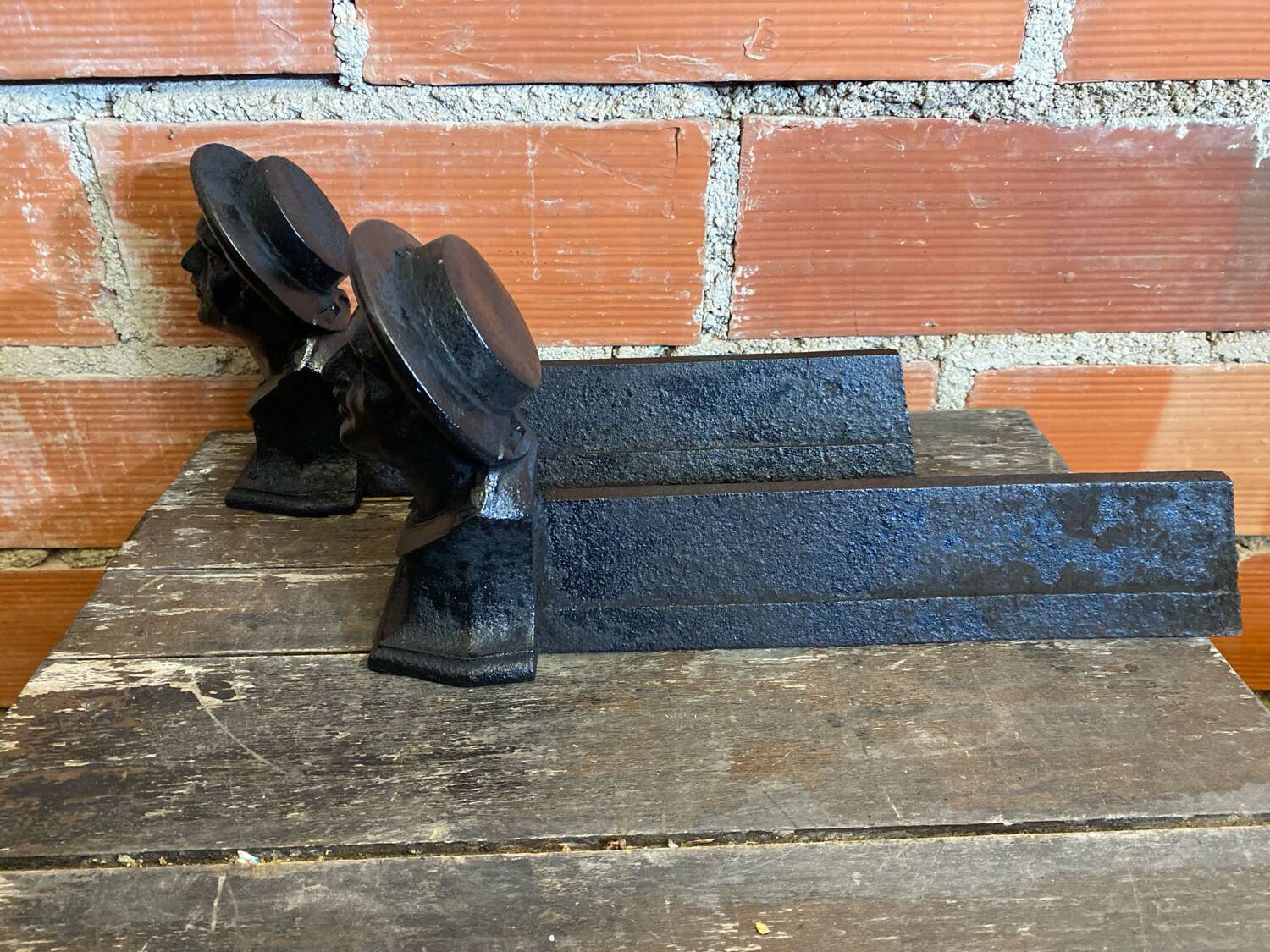Pair of Fireplace Chenets Man with Hat Black Cast Iron Vintage #D703