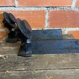 Pair of Fireplace Chenets Man with Hat Black Cast Iron Vintage #D703
