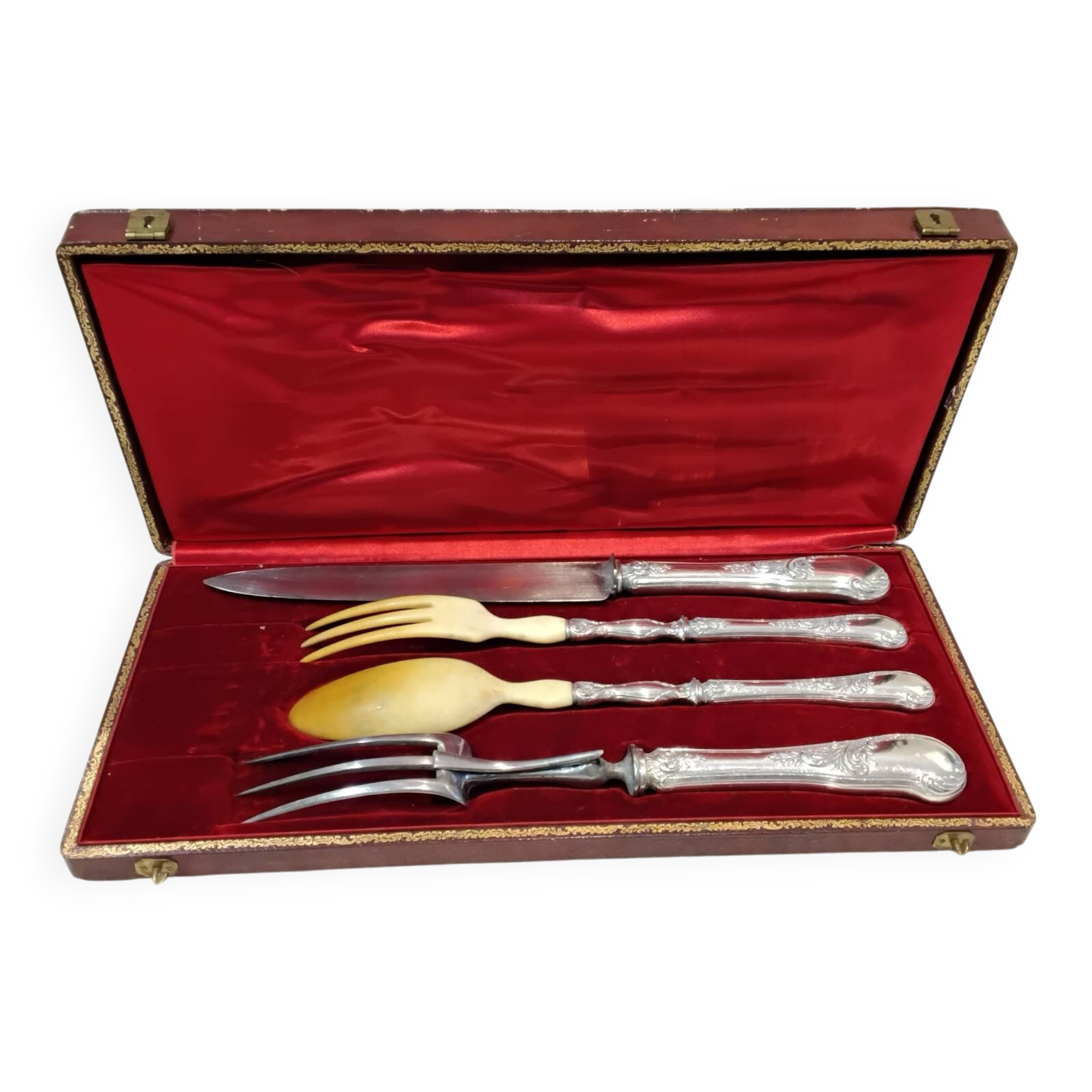 Salad serving set, silver handle, 950 Minerva, Rococo style.