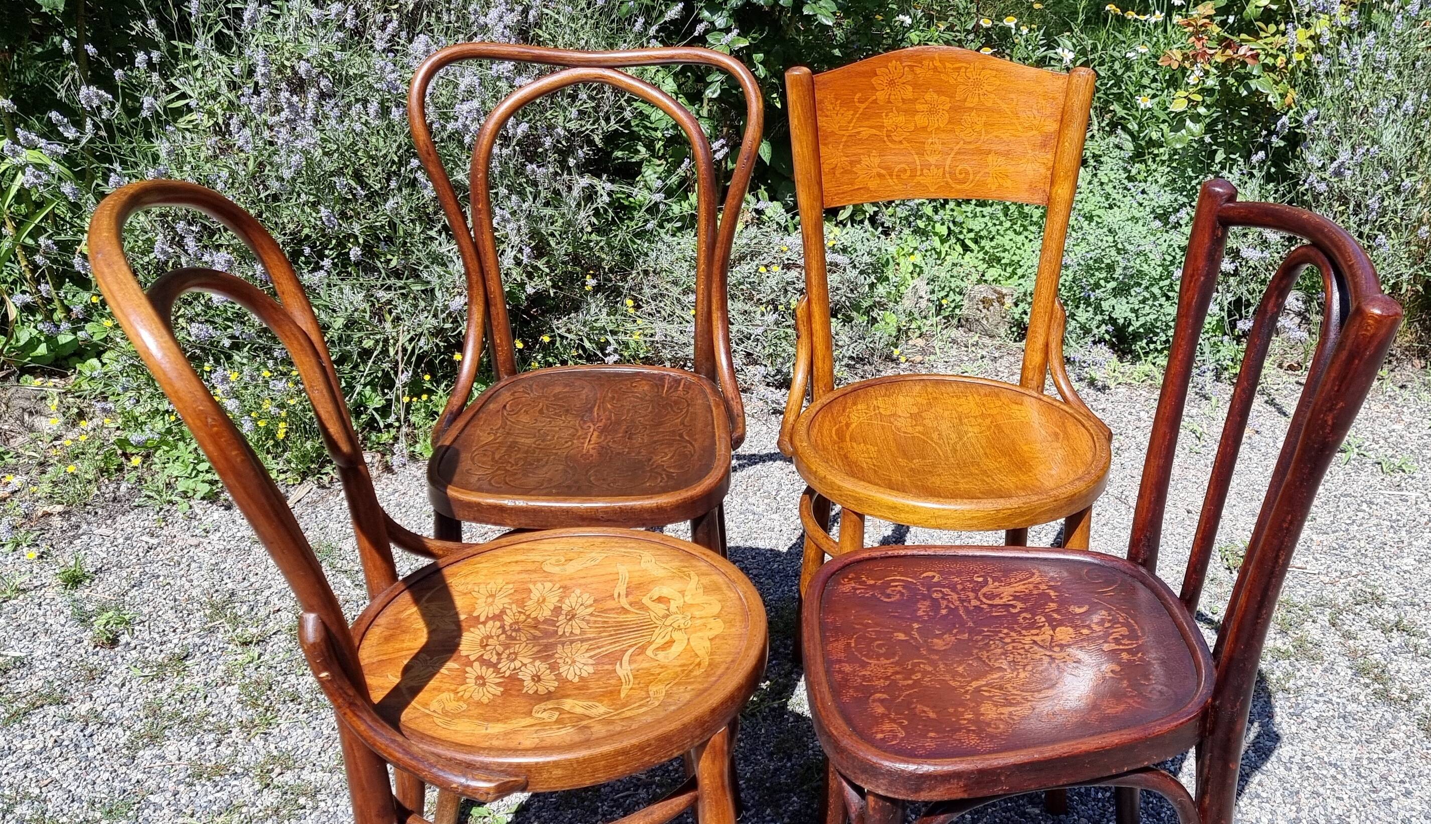 4 curved wooden bistro chairs early twentieth
