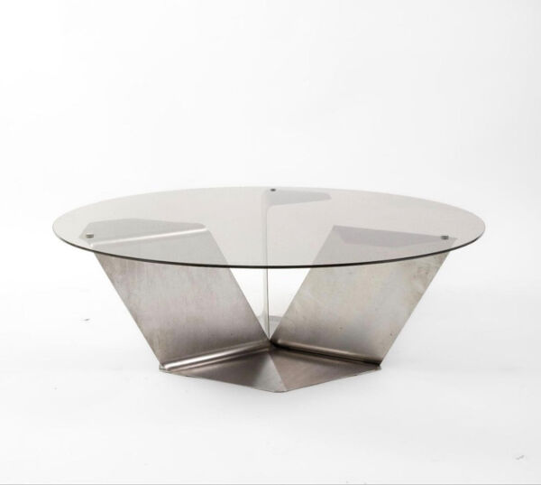 Table basse vintage en verre fumé et métal brossé – Années 1970