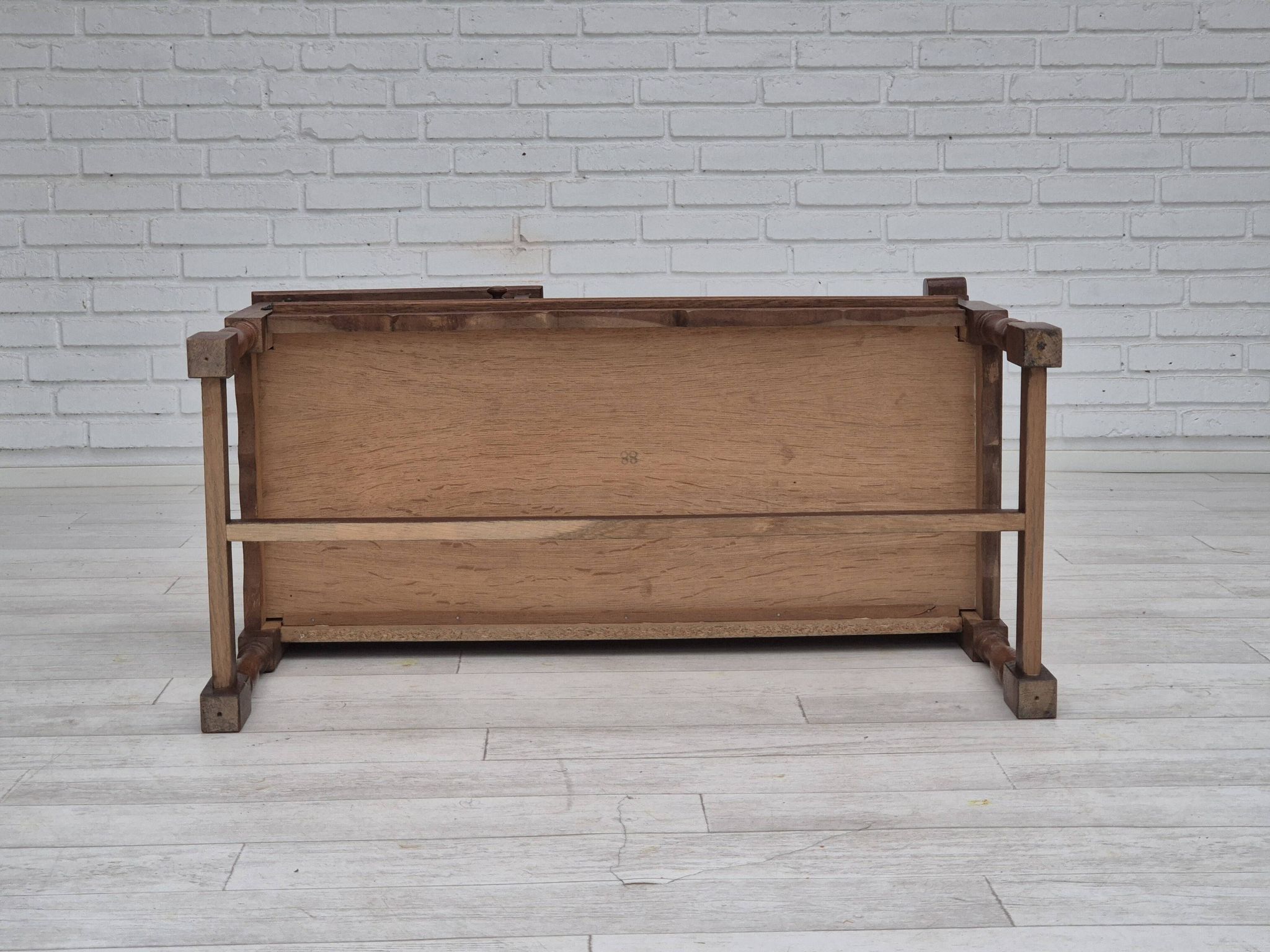 1960s, Danish bench, dark solid oak wood, plywood.