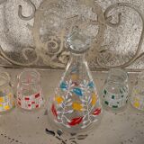 Carafe and 4 glasses with design and vintage patterns 1950/60