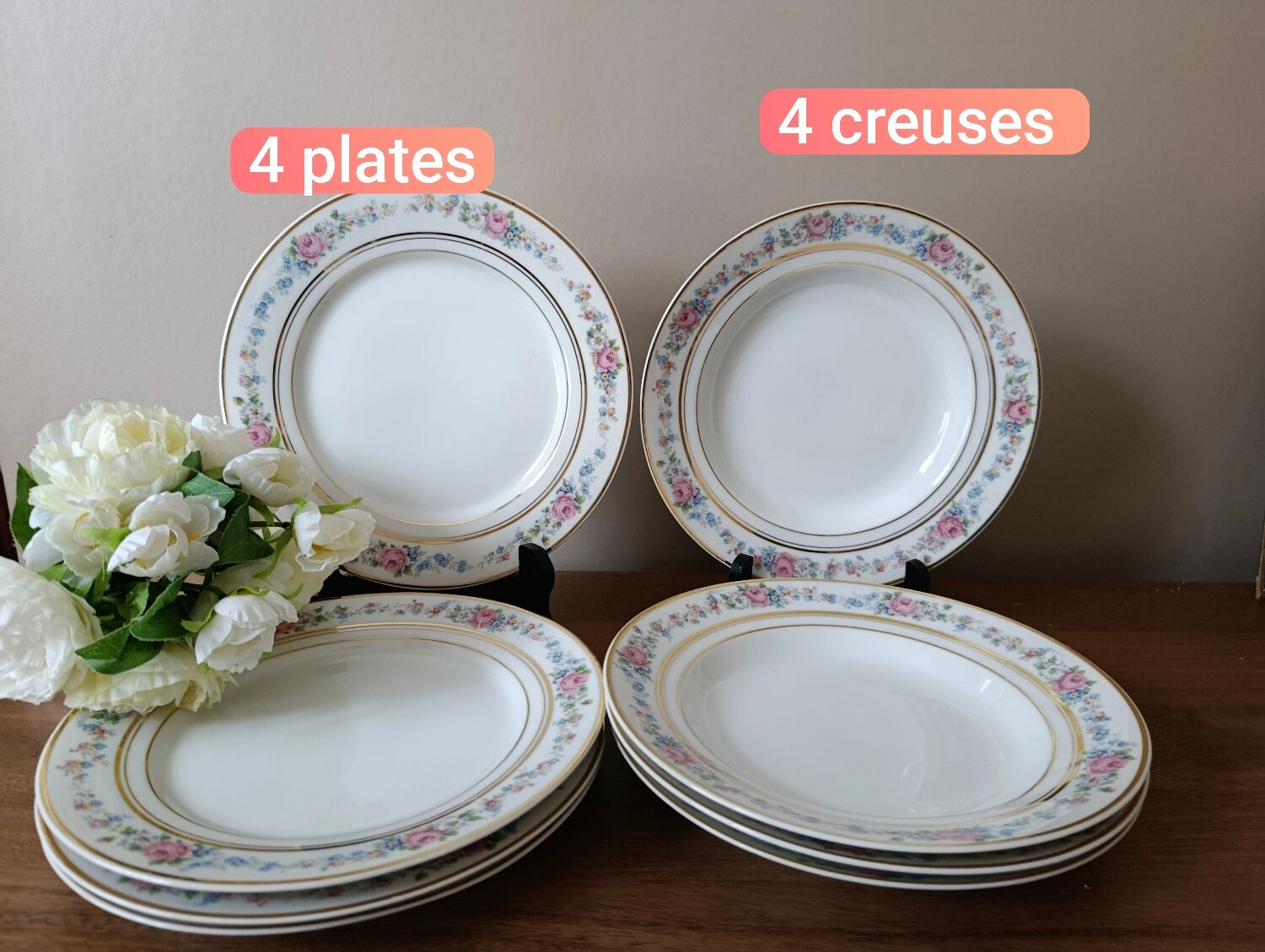 Set of 8 floral design plates | D.R.B. Limoges porcelain
