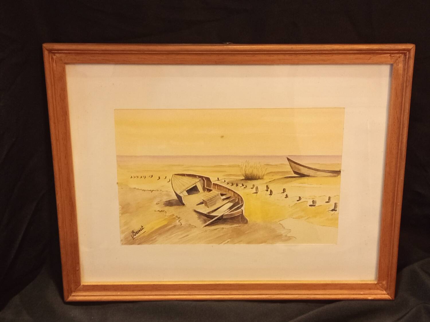 Aquarelle originale signée V. Brunet – « Bateaux sur le rivage »